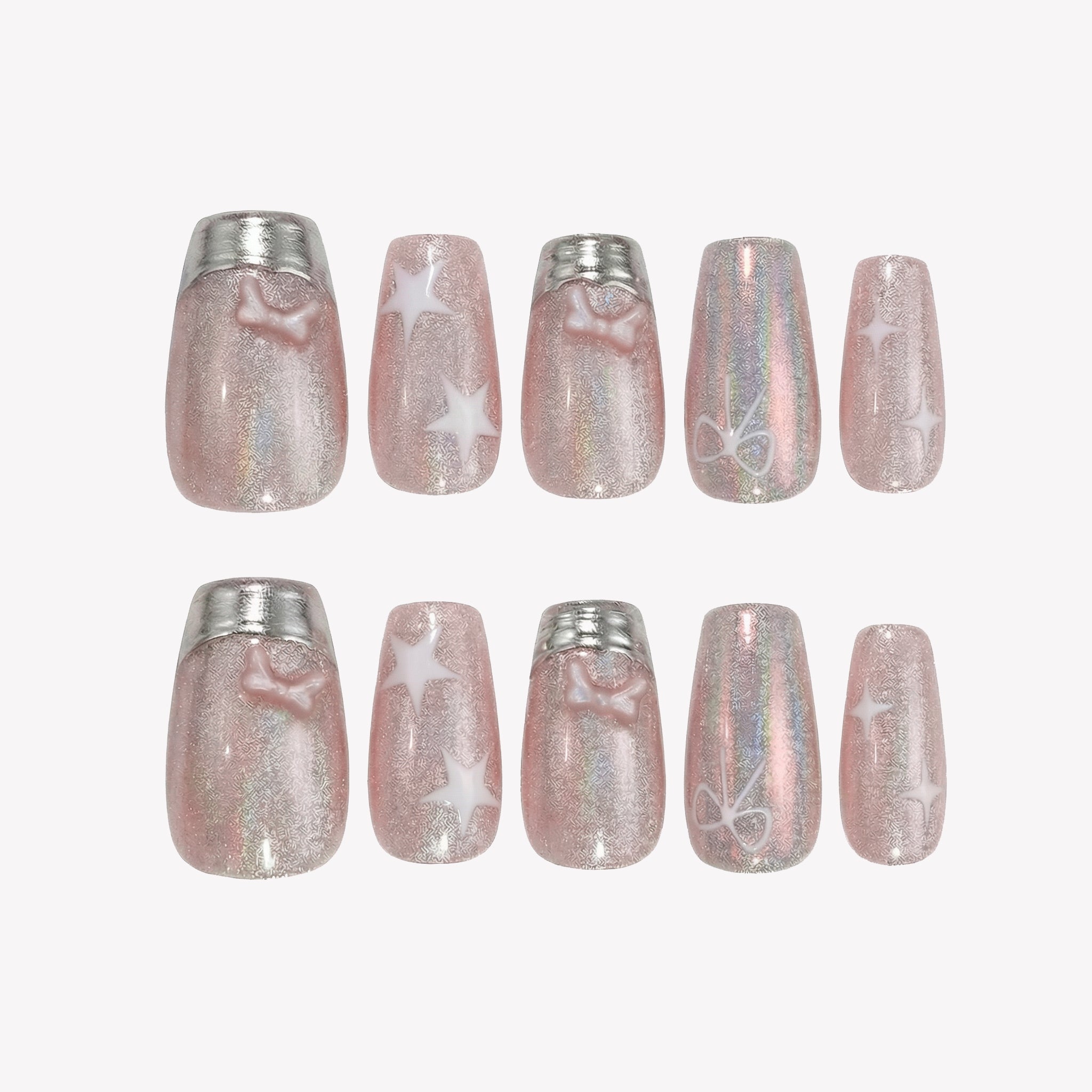 Uñas Press-On Artesanales Ojo de Gato Rosa Aurora | Diseño 3D de Moños y Estrellas | Set de 24 Piezas con Pegamento de Gelatina | Reutilizables Estilo Y2K Coquette