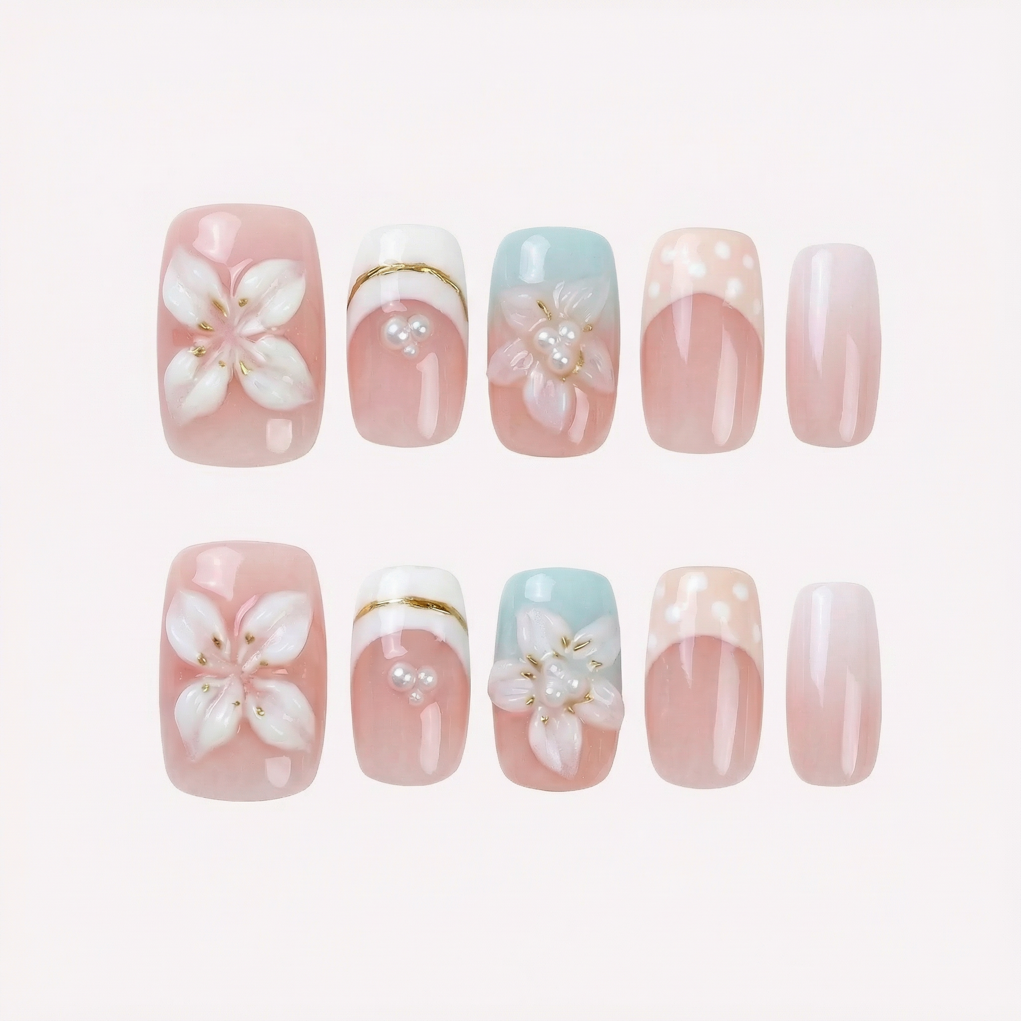 Uñas Press-On Artesanales Flores 3D | Diseño Elegante con Perlas y Lunares | Set de 24 Piezas con Pegamento de Gelatina | Reutilizables Estilo Coquette