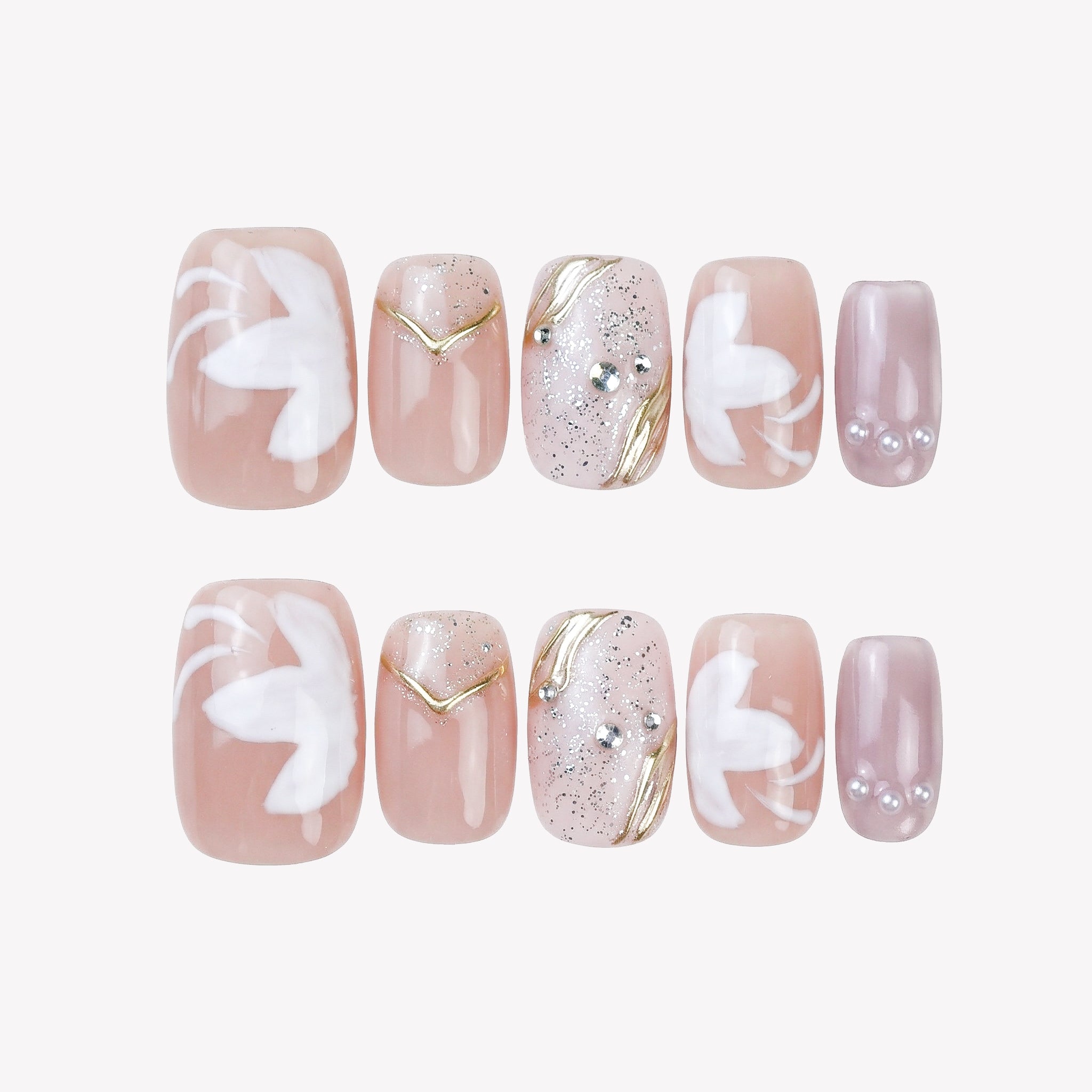 Uñas Press-On Artesanales Nude con Flores | Diseño Elegante con Perlas y Brillo | Set de 24 Piezas con Pegamento de Gelatina | Reutilizables Estilo Cuadrado