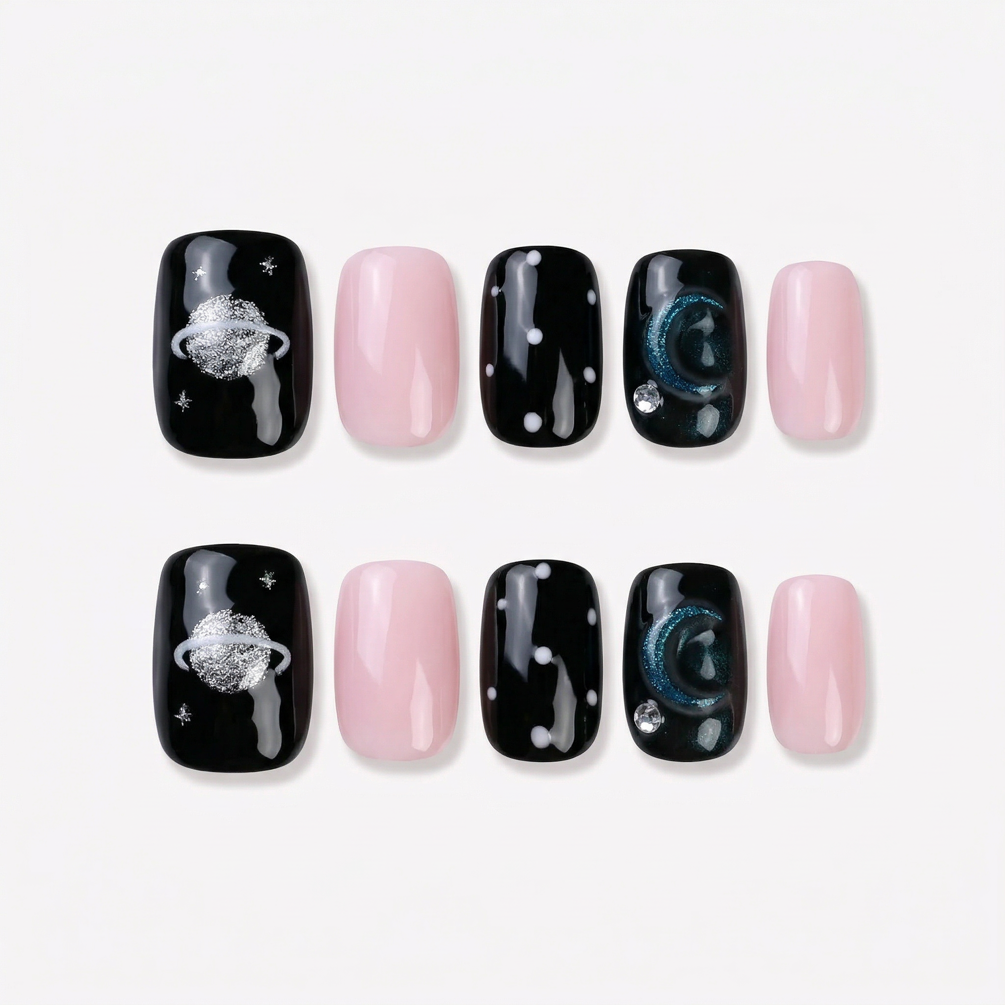 Uñas Press-On Artesanales de Galaxia y Estrellas | Diseño 3D de Saturno y Luna | Set de 24 Piezas con Pegamento de Gelatina | Reutilizables Estilo Espacial