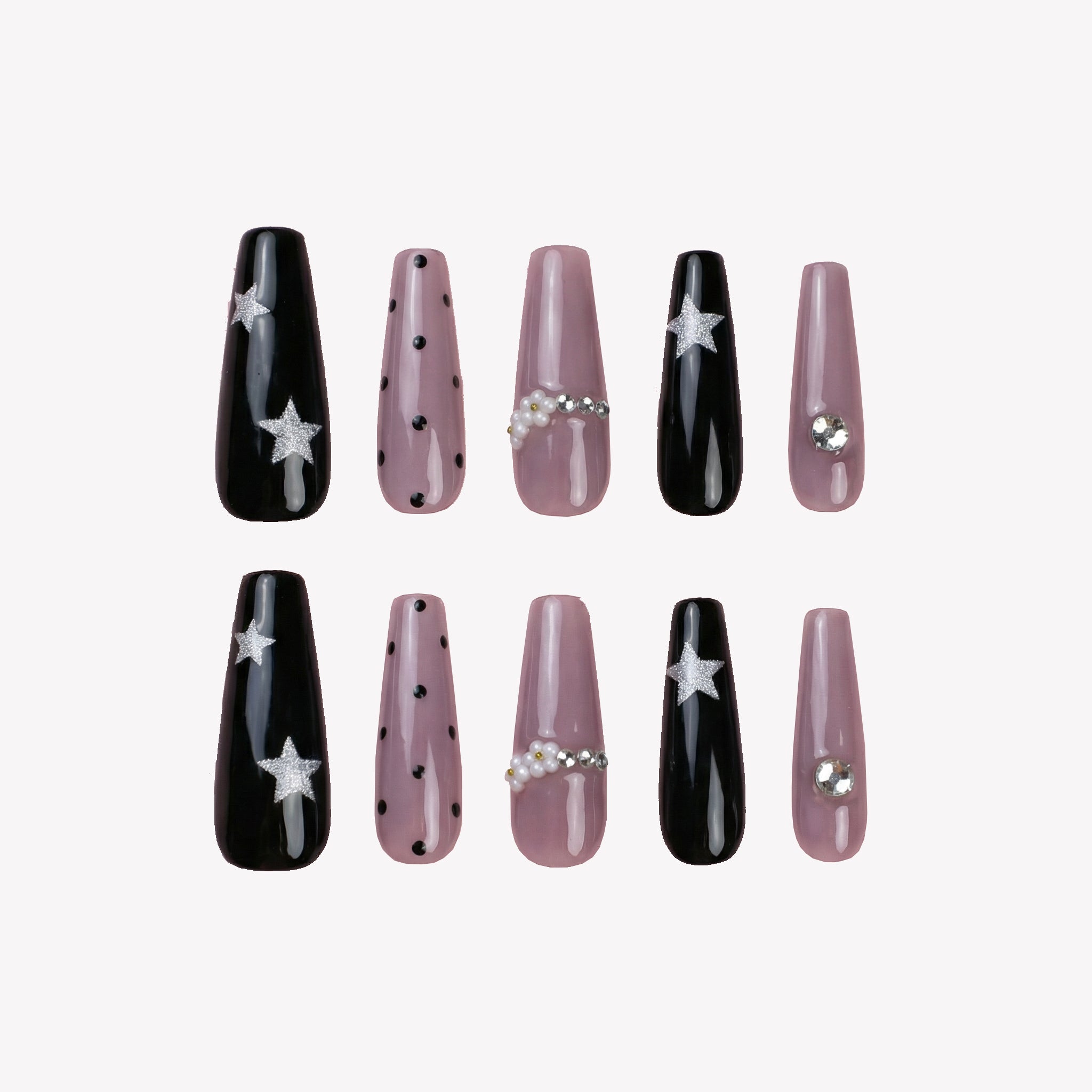 Uñas Press-On Artesanales Noche Estrellada | Diseño de Lujo con Flores de Perla y Brillo | Set de 24 Piezas con Pegamento de Gelatina | Reutilizables Estilo Y2K