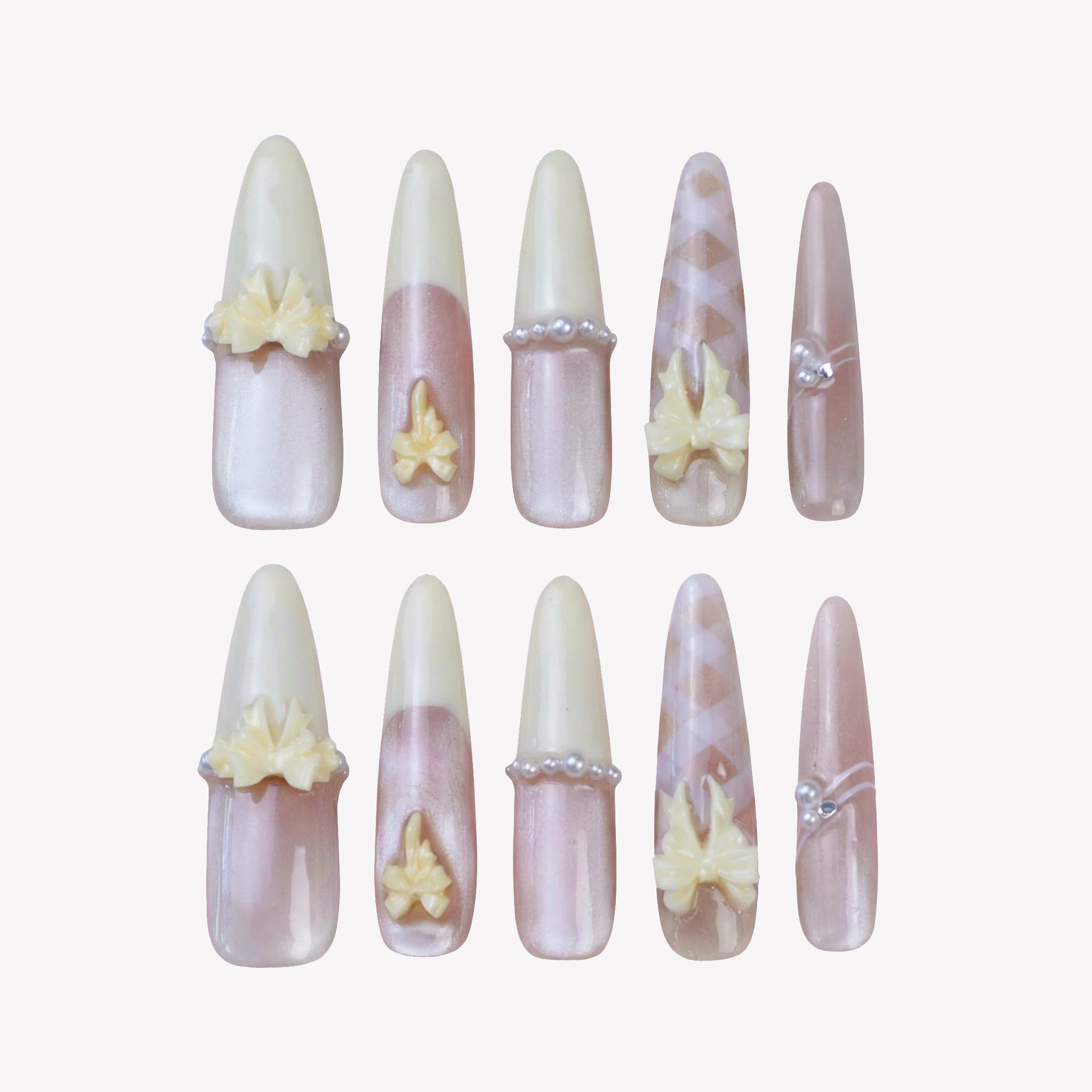 Uñas Press-On Artesanales de Lujo con Moños y Perlas 3D | Diseño Francés Vintage Ojo de Gato | Set de 24 Piezas con Pegamento de Gelatina | Extra Largas y Reutilizables