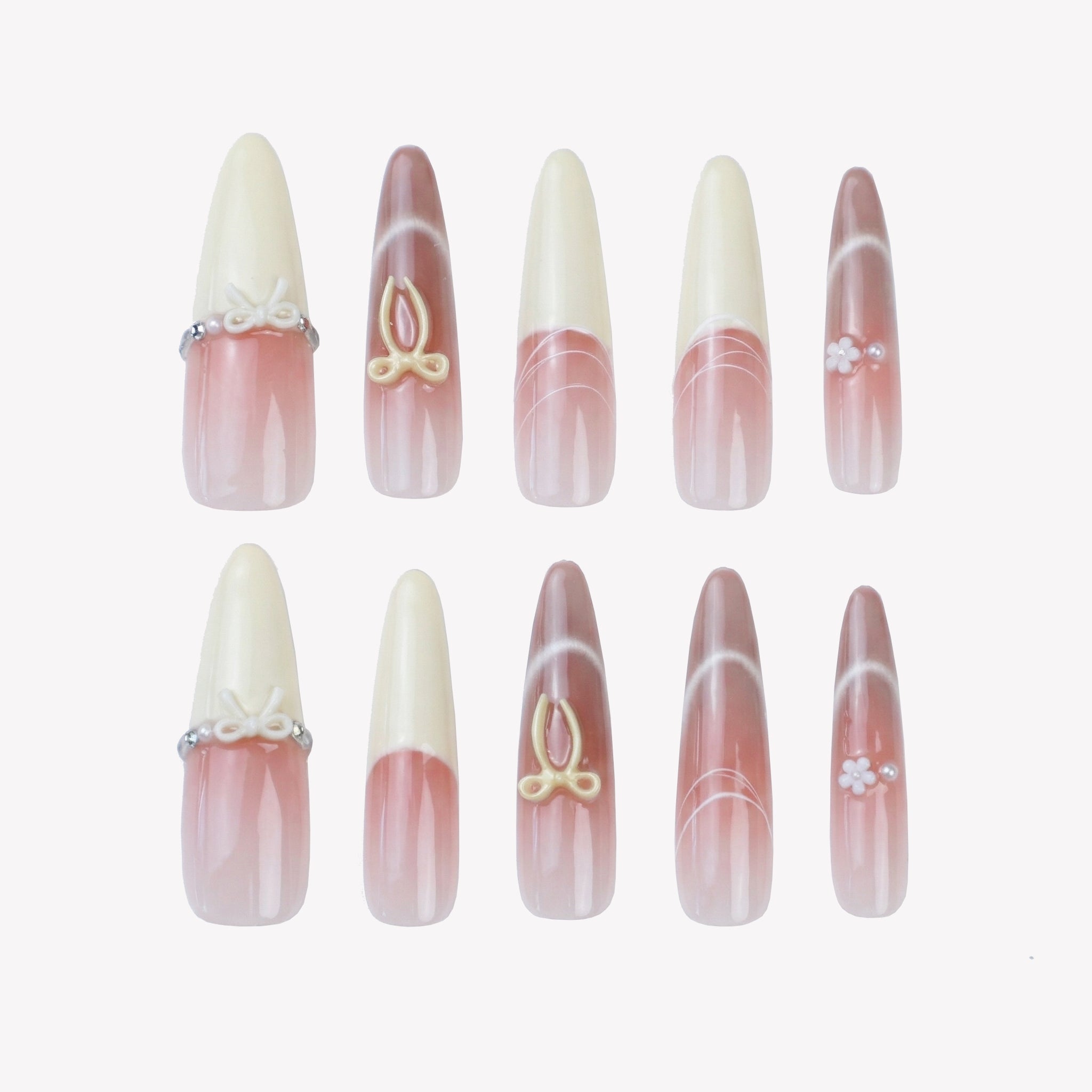 Uñas Press-On Artesanales Ojo de Gato Blanco Crema | Diseño 3D de Moños y Flores | Set de 24 Piezas con Pegamento de Gelatina | Extra Largas y Reutilizables