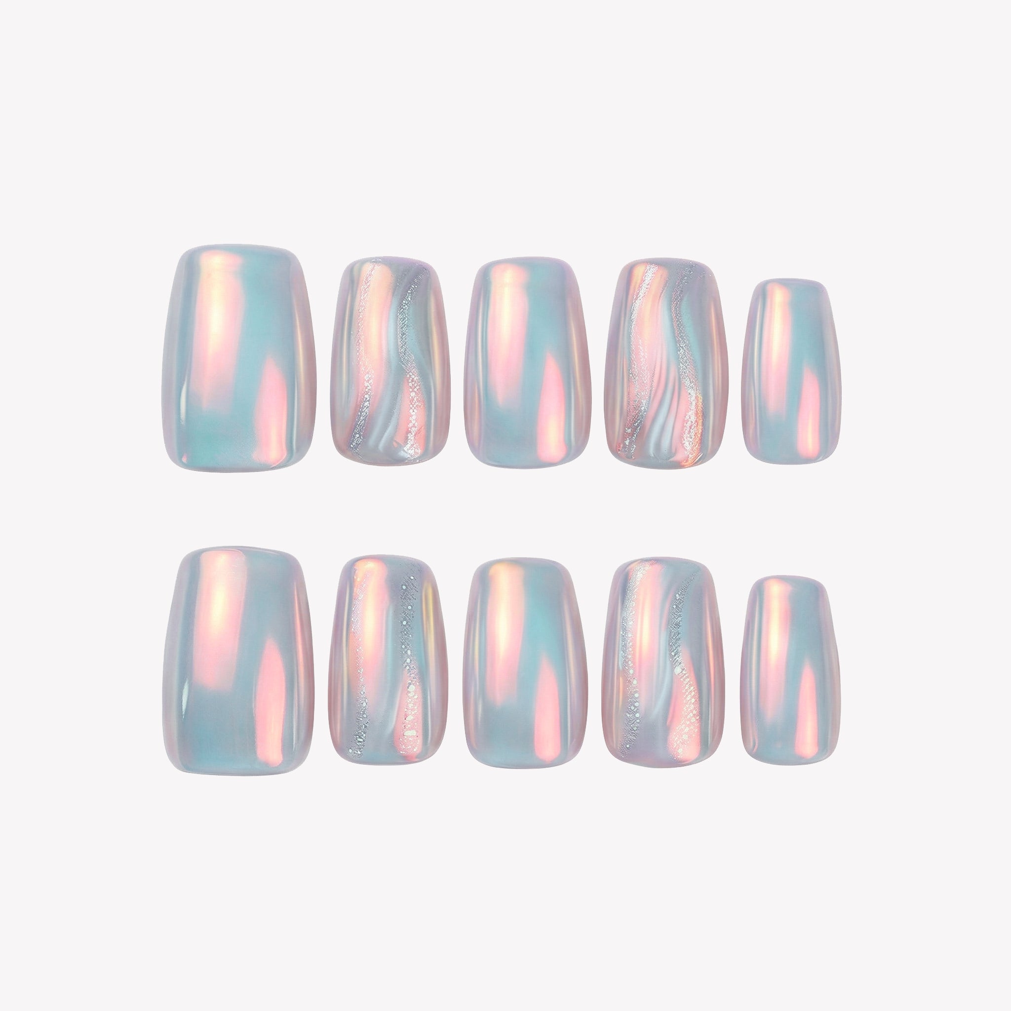 Uñas Press-On Artesanales Aurora Iridiscente | Diseño de Lujo con Brillo de Perla | Set de 24 Piezas con Pegamento de Gelatina | Reutilizables Estilo Mermaidcore