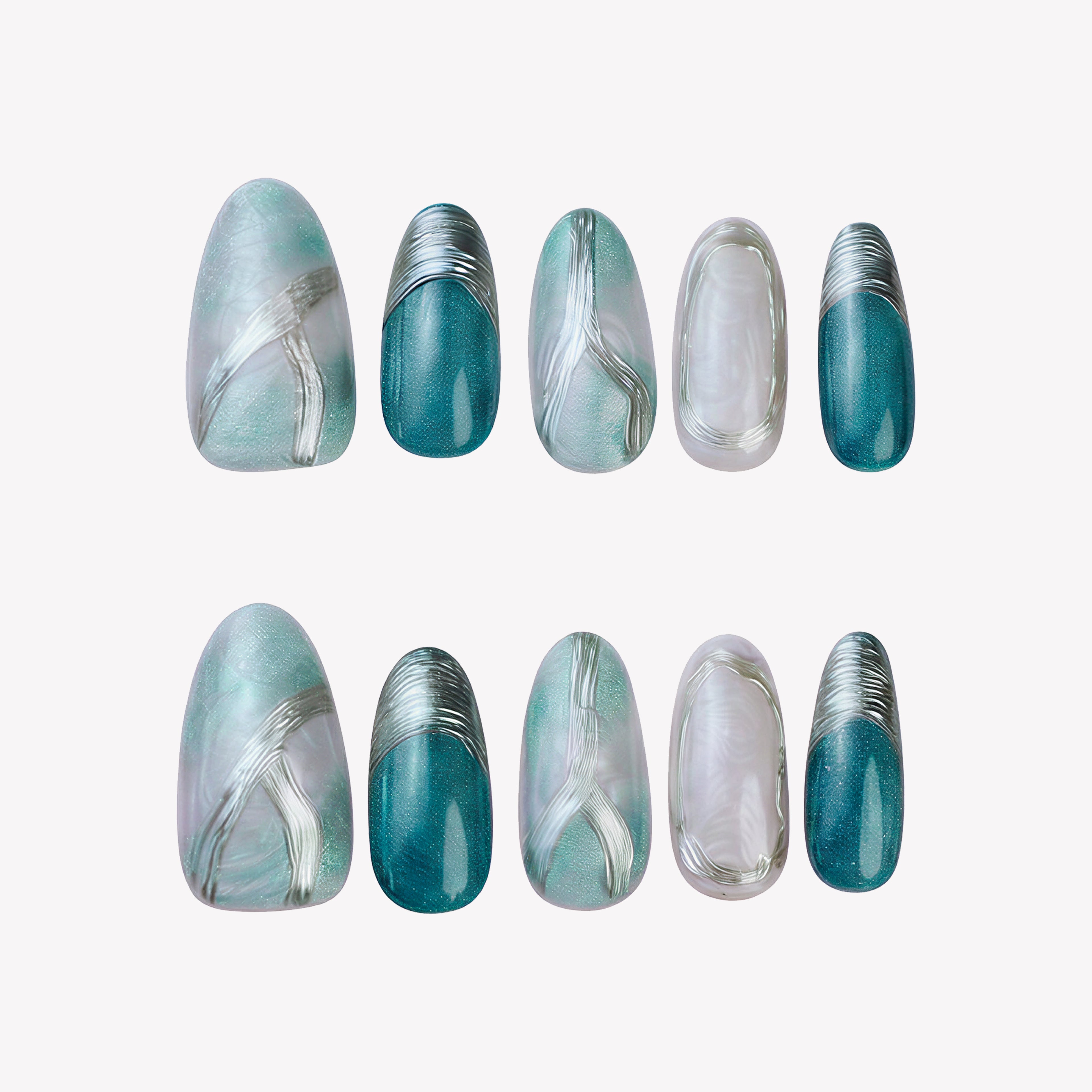 Uñas Press-On Artesanales Aurora Esmeralda | Diseño de Lujo Ojo de Gato Verde Profundo | Set de 10 Piezas con Pegamento de Gelatina | Reutilizables Estilo Mármol y Metal