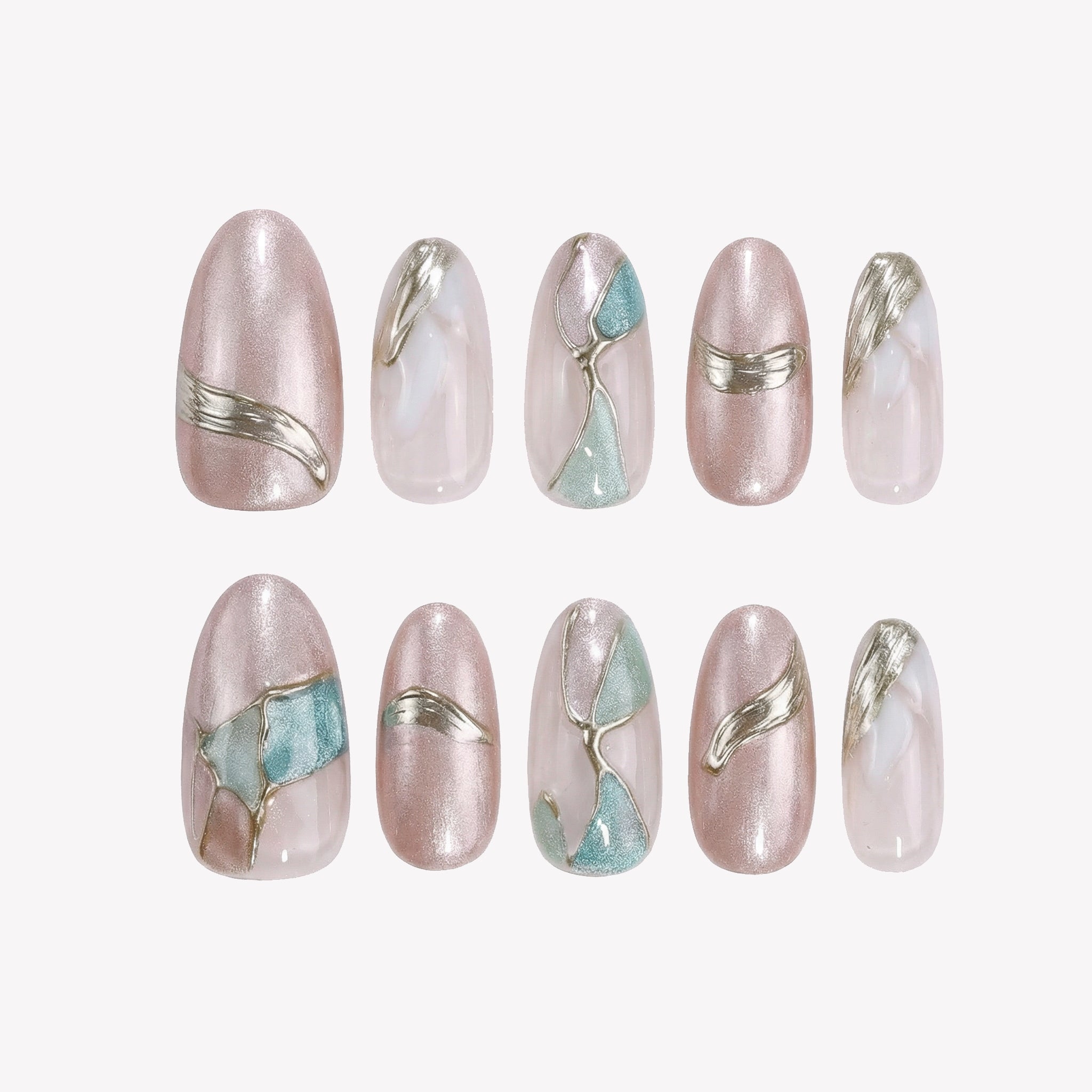 Uñas Press-On Artesanales | Diseño Aurora de Mármol y Metalizado | Set de 10 Piezas con Gel adhesivo | Reutilizables