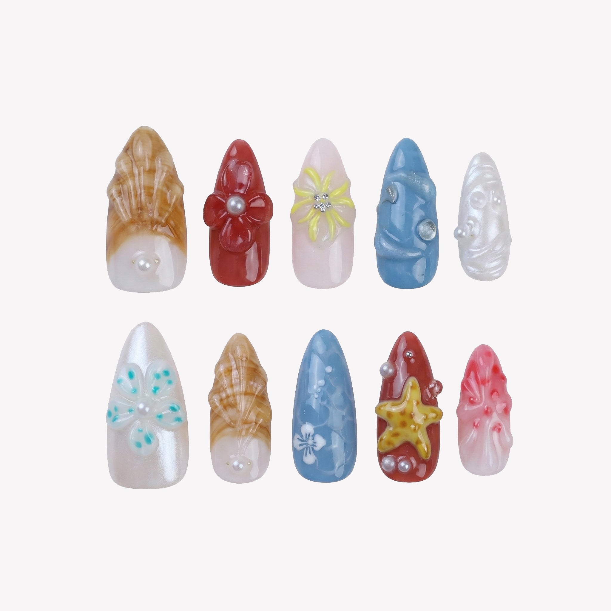 Uñas Press-On 3D Artesanales | Diseño Océano Tropical con Conchas y Estrellas | Set de 10 Piezas con Gel adhesivo | Perfectas para verano y Reutilizables