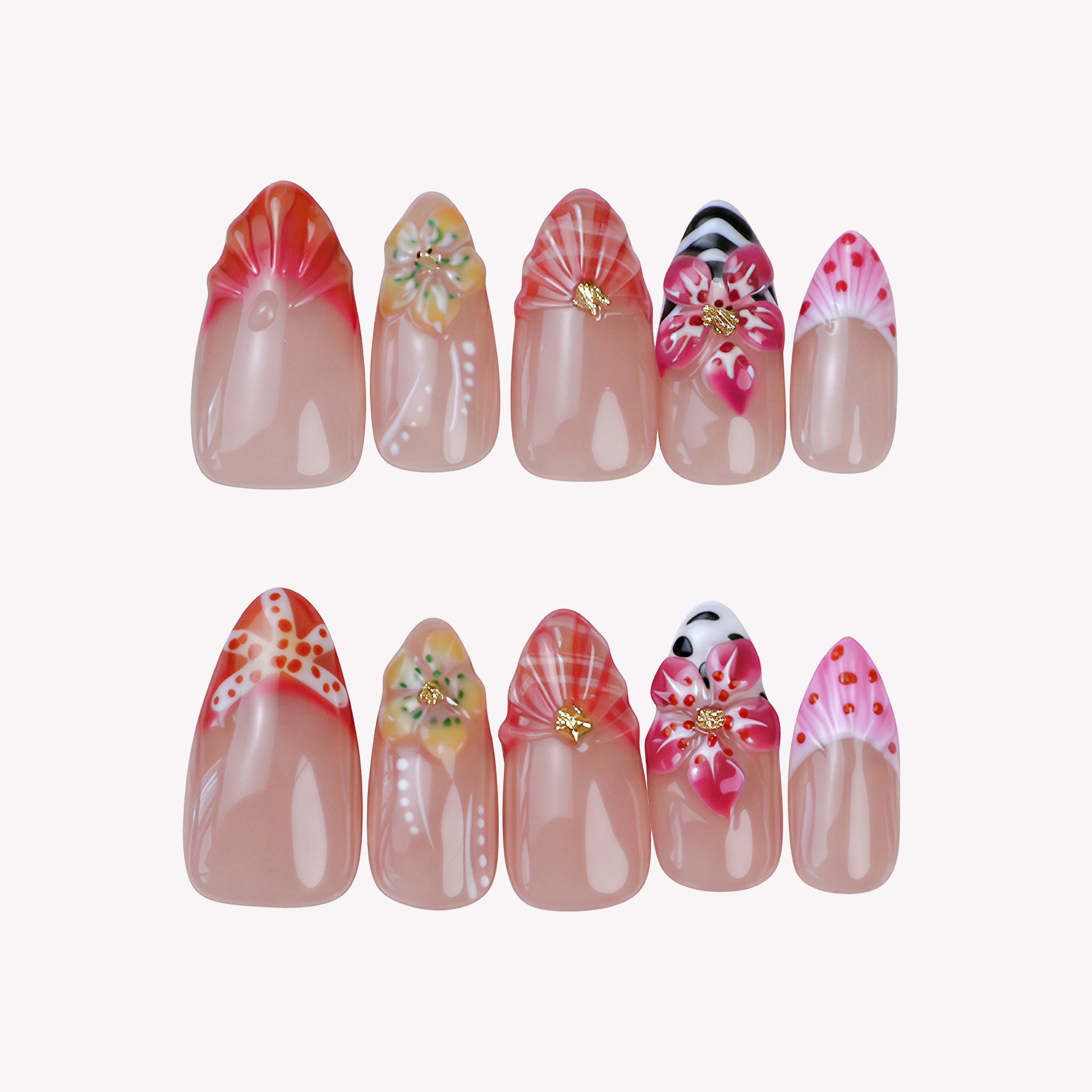 Uñas Press-On Artesanales | Diseño 3D Tropical con flores | Set de 10 Piezas con Gel adhesivo | Reutilizables