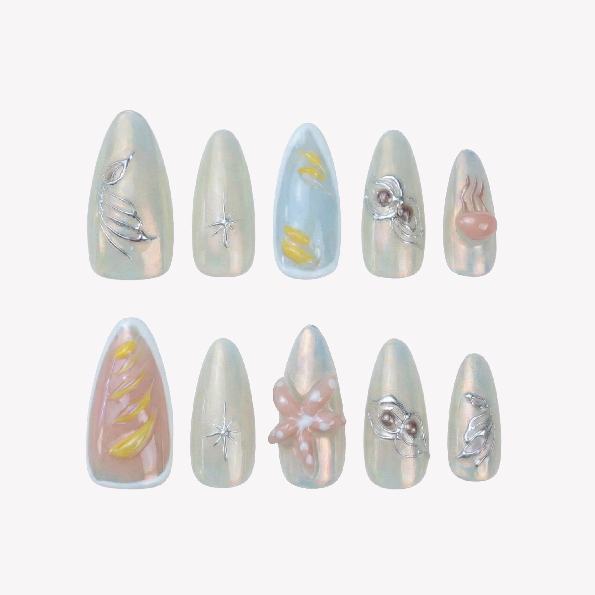Uñas Press-On Artesanales | Diseño 3D Océano con Conchas y Estrellas  | Set de 10 Piezas con Gel adhesivo | Reutilizables