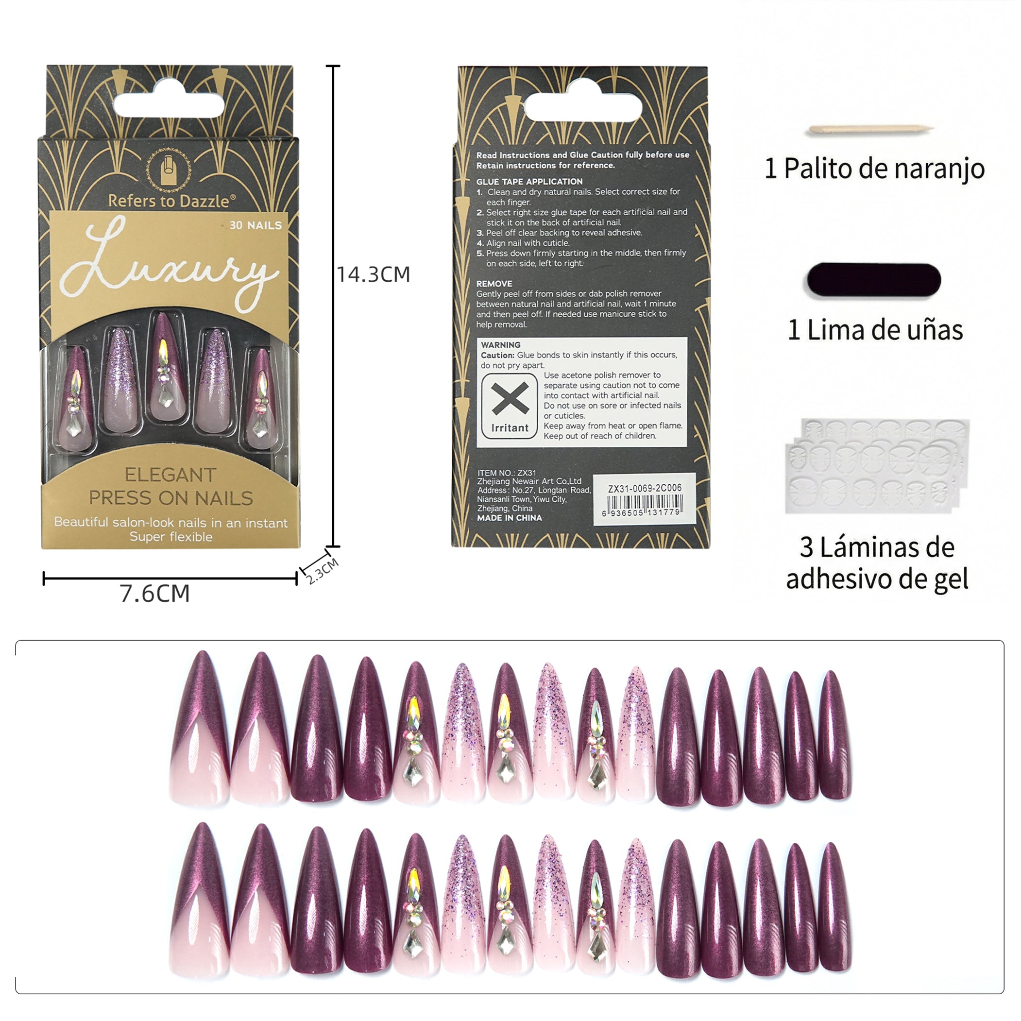 Uñas Press-On Artesanales de Lujo Galaxia Púrpura | Diseño Stiletto con Cristales 3D y Brillo | Set de 30 Piezas con 3 Planillas de Gelatina | Reutilizables de ABS