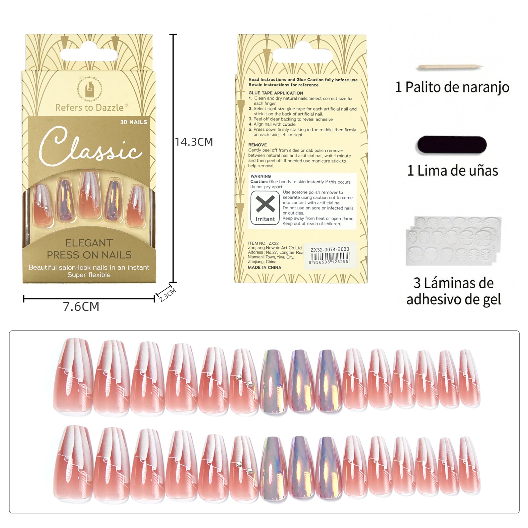 Uñas Press-On Artesanales Francesas Aurora | Diseño Ombré Blanco y Cristales | Set de 30 Piezas con 3 Planillas de Gelatina | Reutilizables de ABS Holográficas