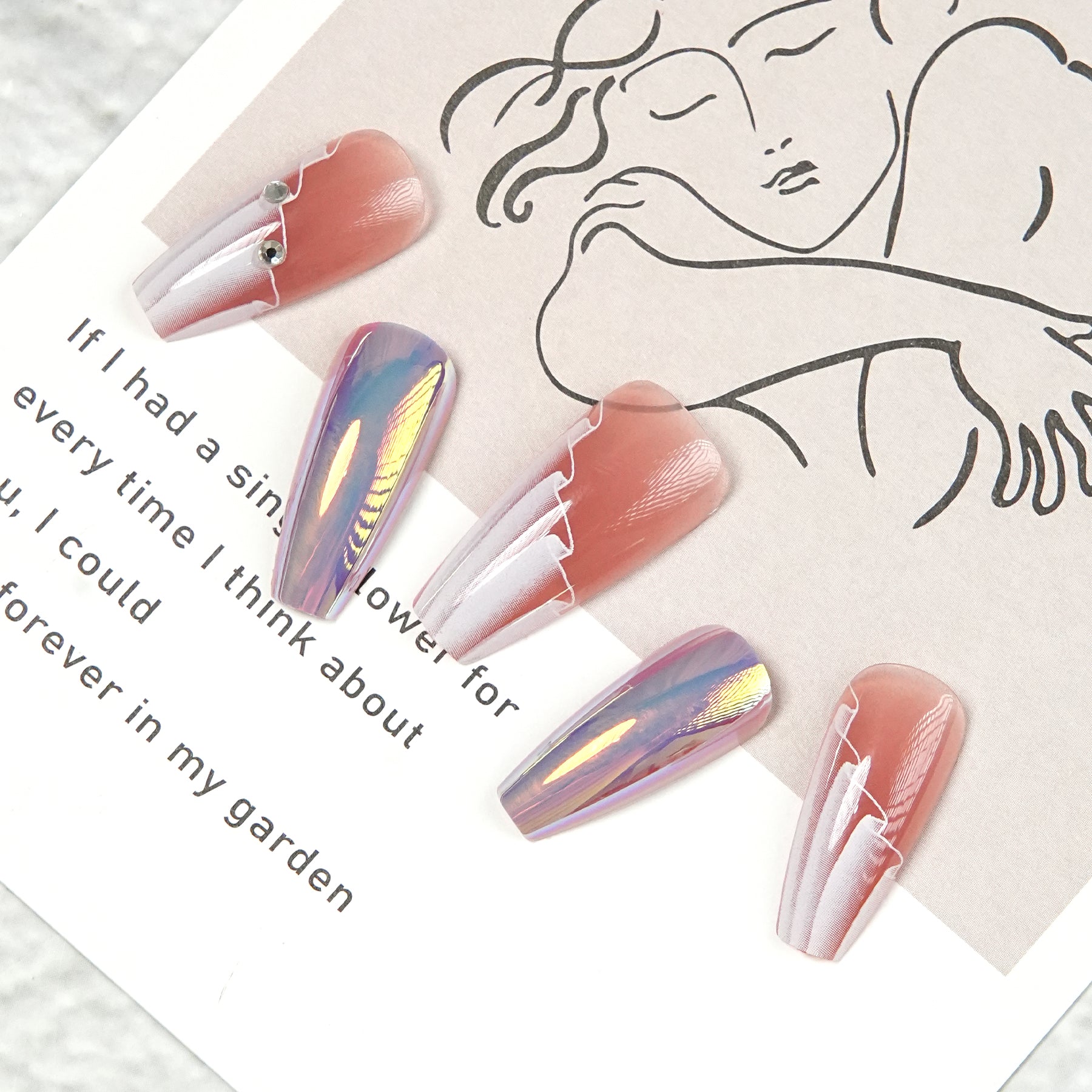 Uñas Press-On Artesanales Francesas Aurora | Diseño Ombré Blanco y Cristales | Set de 30 Piezas con 3 Planillas de Gelatina | Reutilizables de ABS Holográficas