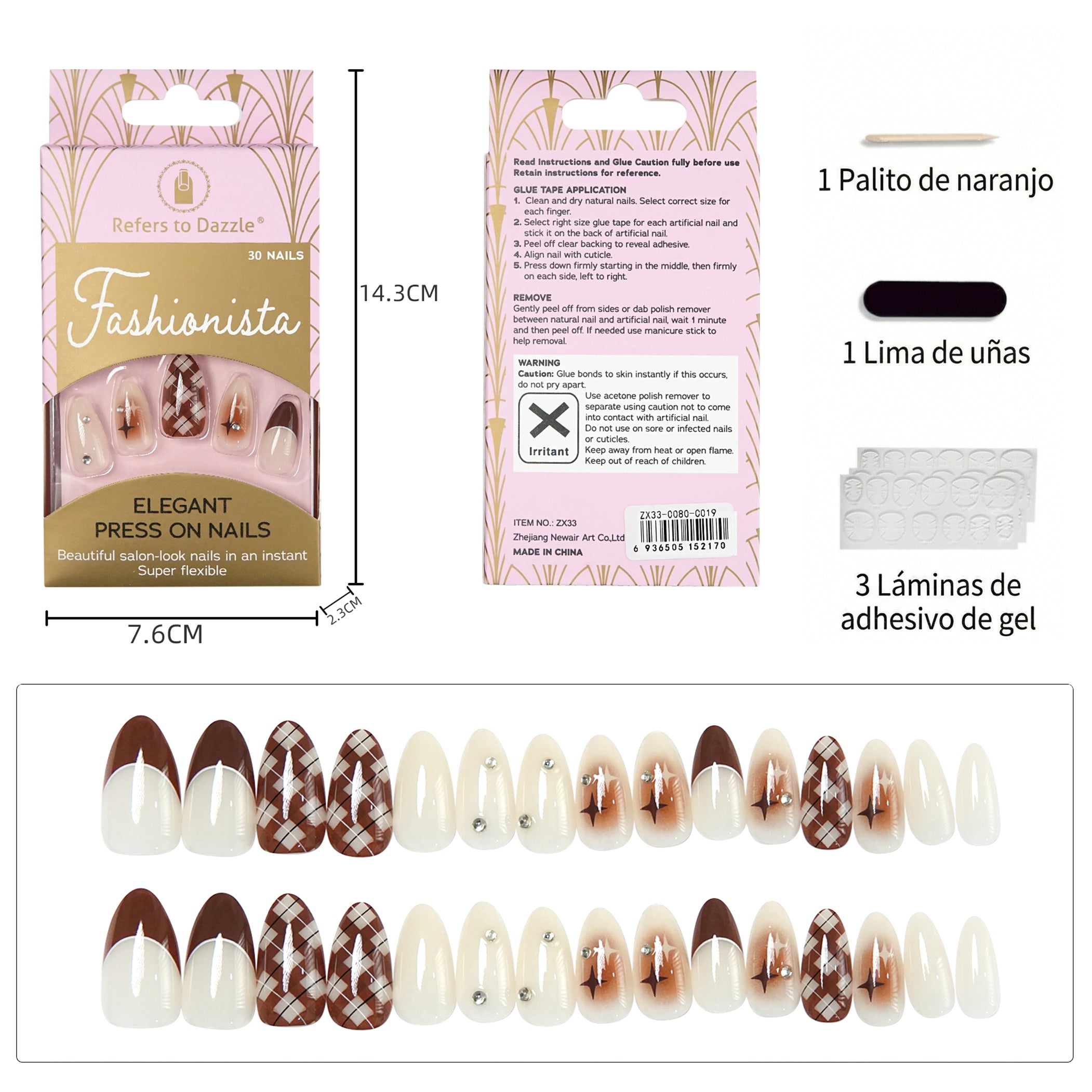 Uñas Press-On Artesanales a Cuadros Marrón | Diseño Vintage Mocha y Estrellas | Set de 30 Piezas con 3 Planillas de Gelatina | Reutilizables de ABS