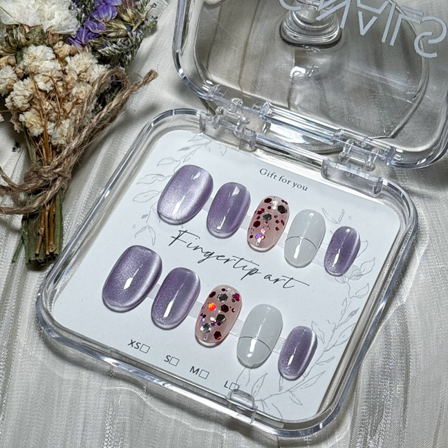 FASNAILS F66 Uñas Postizas Press On Artesanales Ojo de Gato Morado Uñas Cuadradas Cortas con Diseños de Glitter Brillante y Manicura Francesa Minimalista Elegantes Uñas Falsas de Gel Kit con Tabs adhesivos para uñas